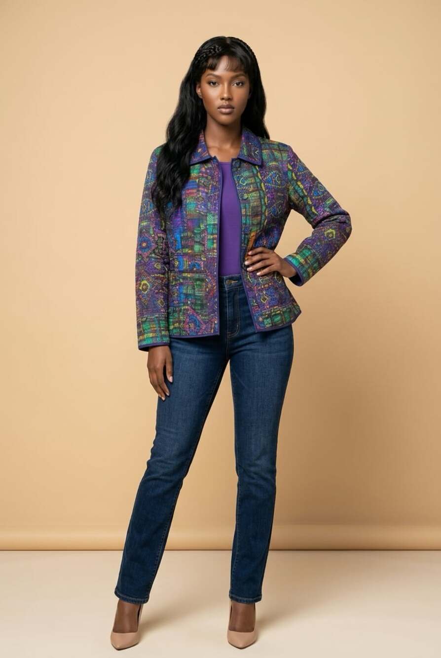Chico's Silk Blend Quilted Geometric Abstract Pattern Jacket Size 2
